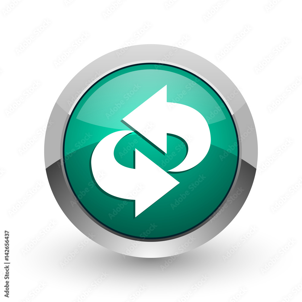 Rotation silver metallic chrome web design green round internet icon with shadow on white background. Rotation silver metallic chrome web design green round internet icon with shadow on white background.