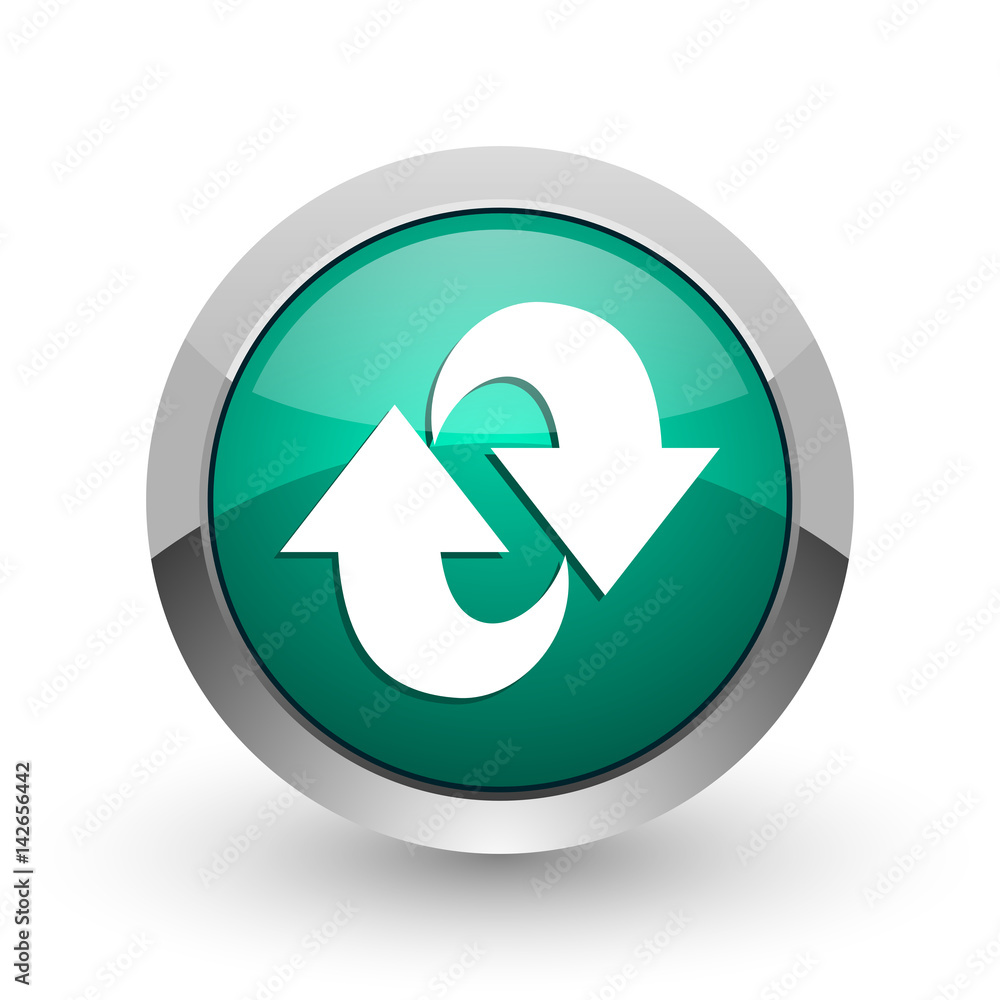 Rotation silver metallic chrome web design green round internet icon with shadow on white background. Rotation silver metallic chrome web design green round internet icon with shadow on white background.