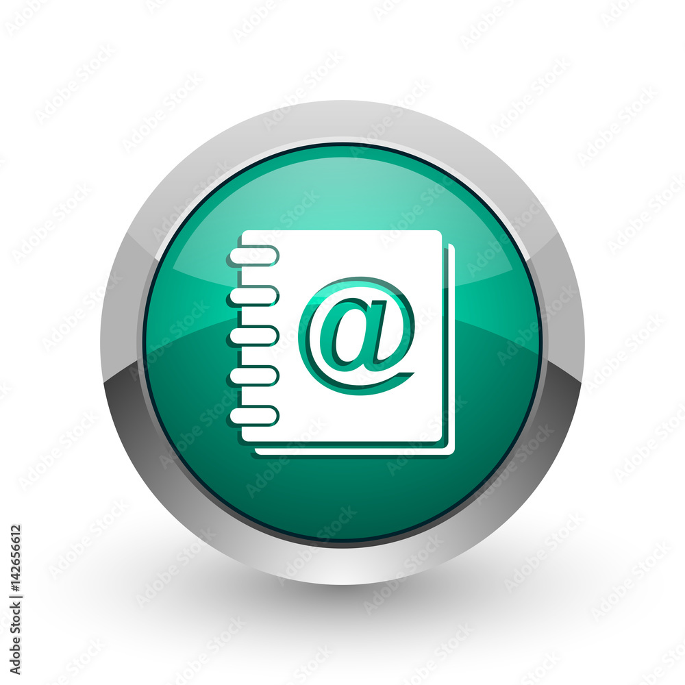 Address book silver metallic chrome web design green round internet icon with shadow on white background. Address book silver metallic chrome web design green round internet icon with shadow on white background.