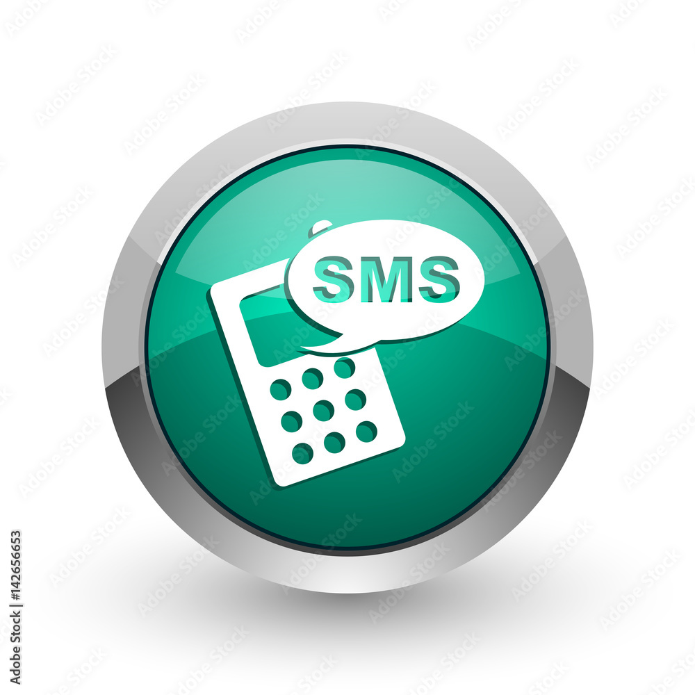 Sms silver metallic chrome web design green round internet icon with shadow on white background. Sms silver metallic chrome web design green round internet icon with shadow on white background.