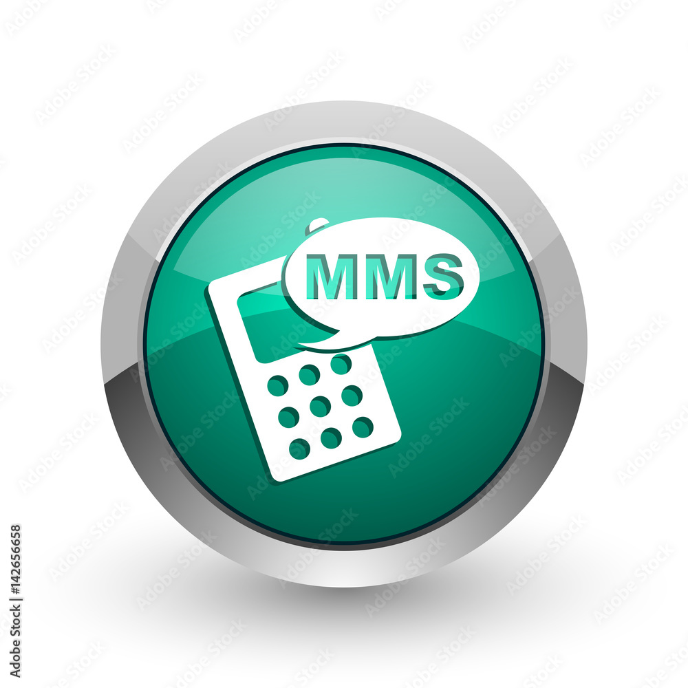 Mms silver metallic chrome web design green round internet icon with shadow on white background. Mms silver metallic chrome web design green round internet icon with shadow on white background.