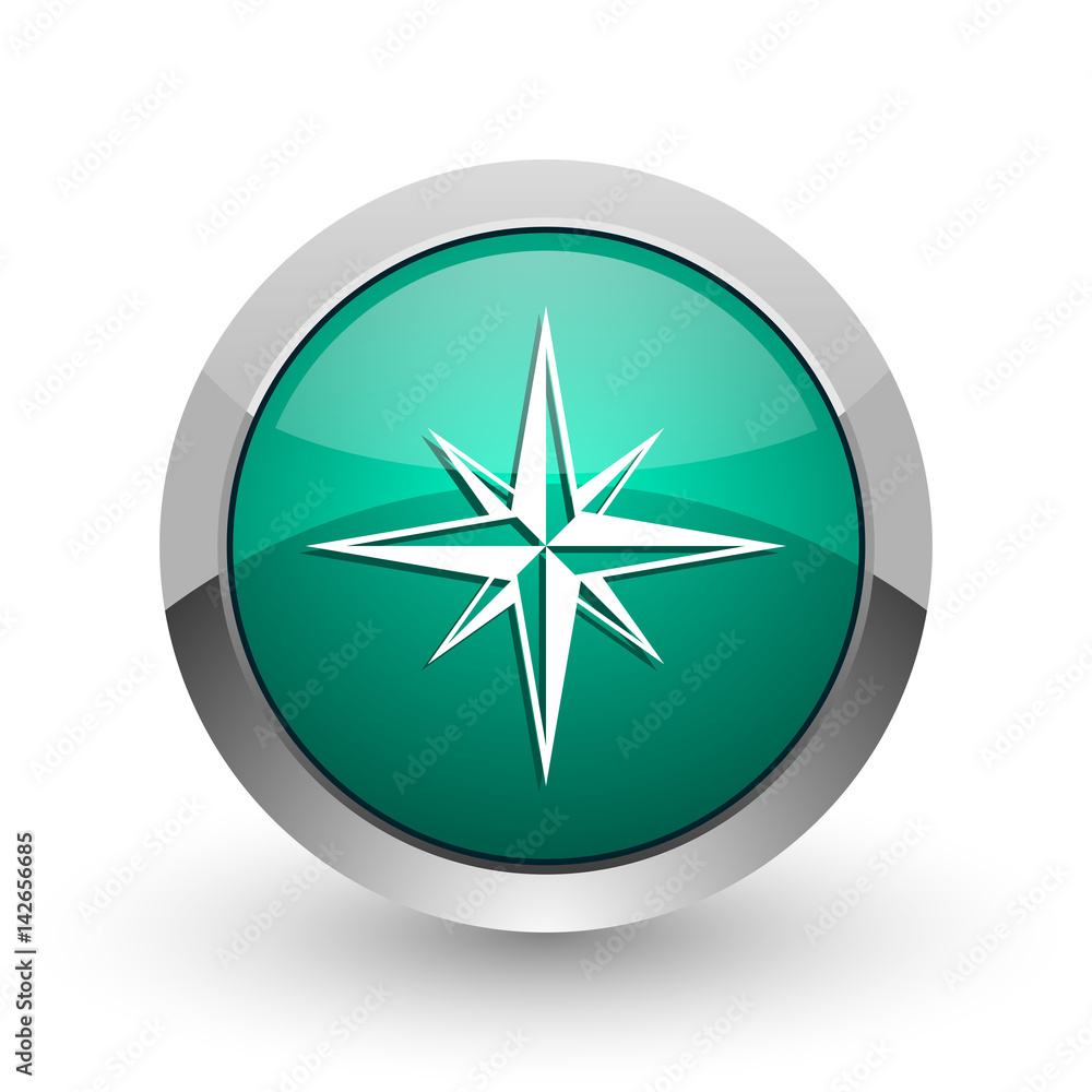 Compass silver metallic chrome web design green round internet icon with shadow on white background. Compass silver metallic chrome web design green round internet icon with shadow on white background.