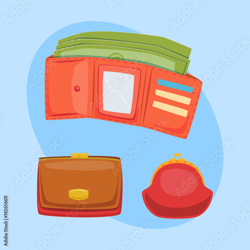 Purse red wallet with money vector ico for shopping buy business financial payment bag and accessory object trendy cash wealth vector illustration.