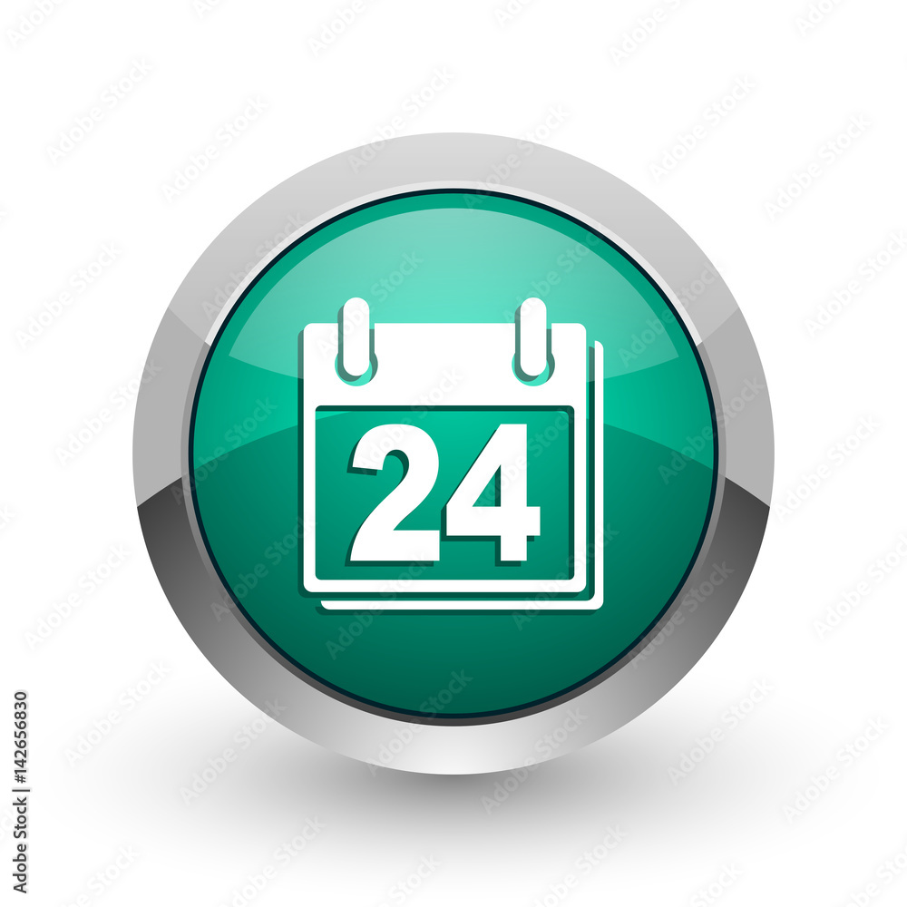 Calendar silver metallic chrome web design green round internet icon with shadow on white background. Calendar silver metallic chrome web design green round internet icon with shadow on white background.