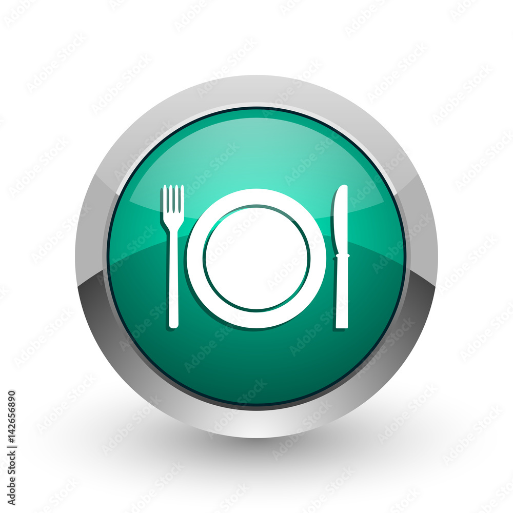 Restaurant silver metallic chrome web design green round internet icon with shadow on white background.