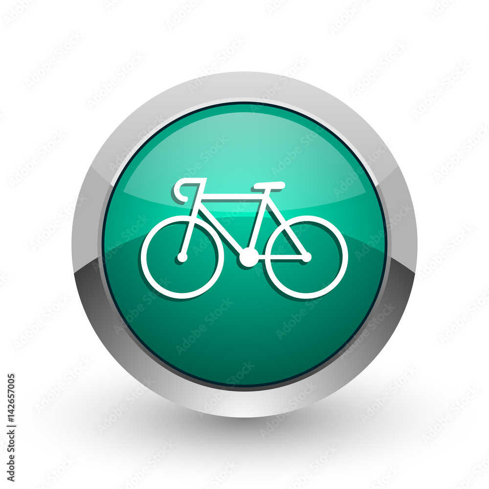 Bicycle silver metallic chrome web design green round internet icon with shadow on white background. Bicycle silver metallic chrome web design green round internet icon with shadow on white background.