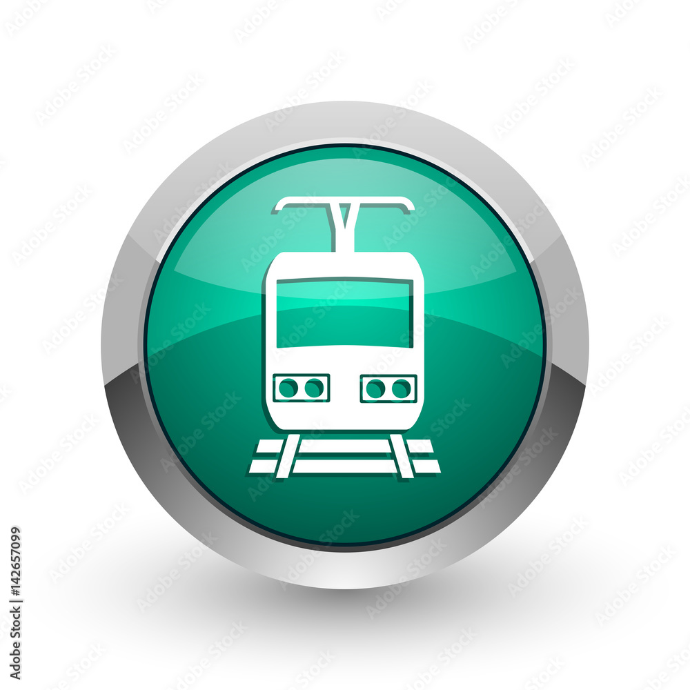 Train silver metallic chrome web design green round internet icon with shadow on white background. Train silver metallic chrome web design green round internet icon with shadow on white background.