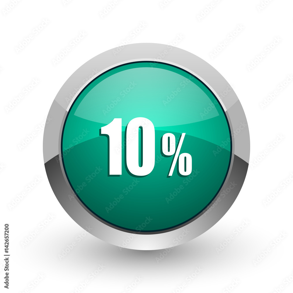 10 percent silver metallic chrome web design green round internet icon with shadow on white background. 10 percent silver metallic chrome web design green round internet icon with shadow on white background.