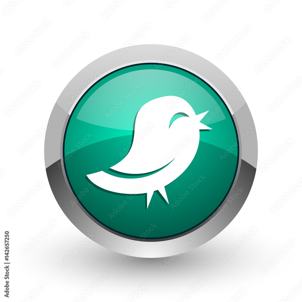 Twitter silver metallic chrome web design green round internet icon with shadow on white background. Twitter silver metallic chrome web design green round internet icon with shadow on white background.