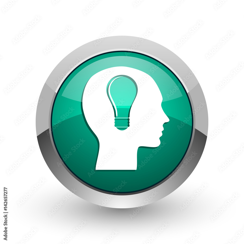 Head silver metallic chrome web design green round internet icon with shadow on white background. Head silver metallic chrome web design green round internet icon with shadow on white background.