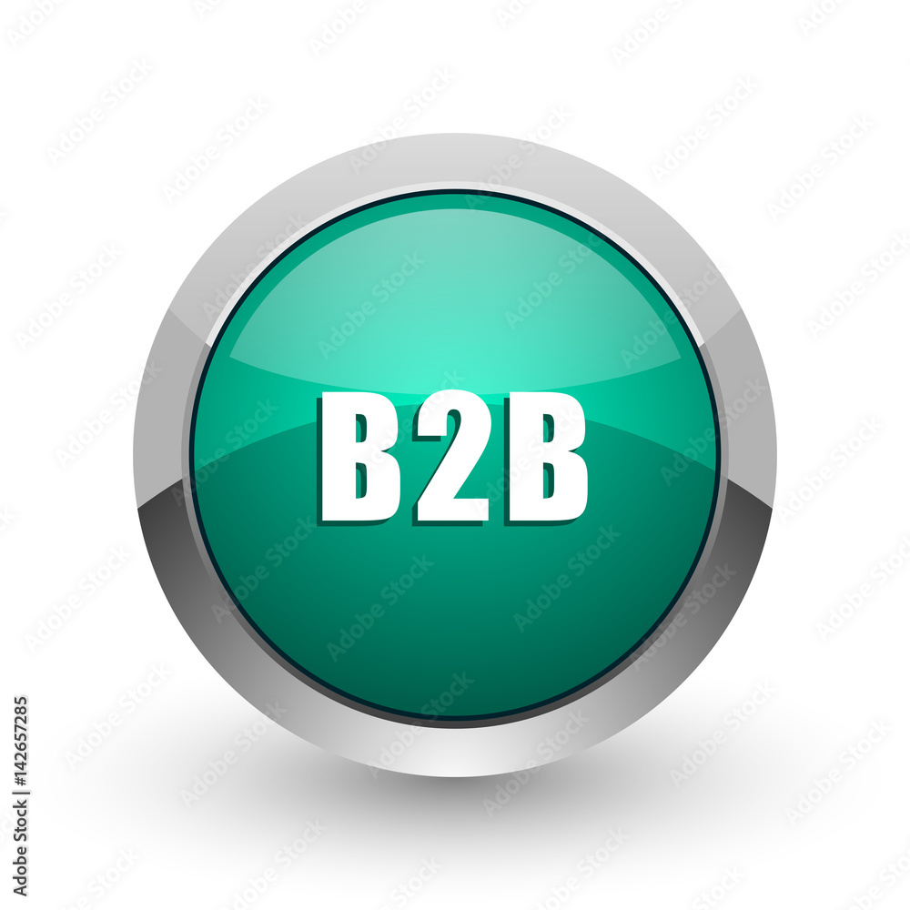B2b silver metallic chrome web design green round internet icon with shadow on white background. B2b silver metallic chrome web design green round internet icon with shadow on white background.