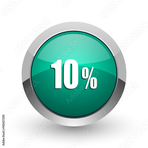 10 percent silver metallic chrome web design green round internet icon with shadow on white background.