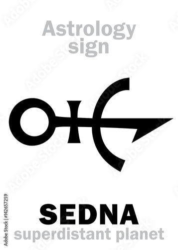 Astrology Alphabet: SEDNA, superdistant external dwarf planet (with elongated elliptical orbit). Hieroglyphics character sign (original single symbol).