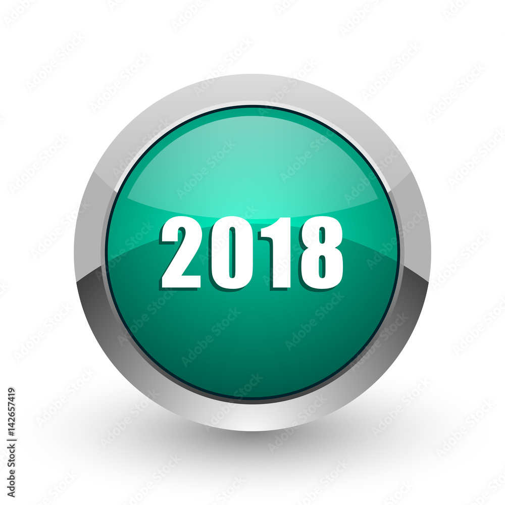 New year 2018 silver metallic chrome web design green round internet icon with shadow on white background. New year 2018 silver metallic chrome web design green round internet icon with shadow on white background.