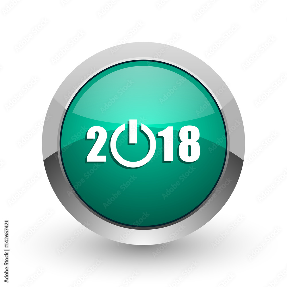 New year 2018 silver metallic chrome web design green round internet icon with shadow on white background. New year 2018 silver metallic chrome web design green round internet icon with shadow on white background.