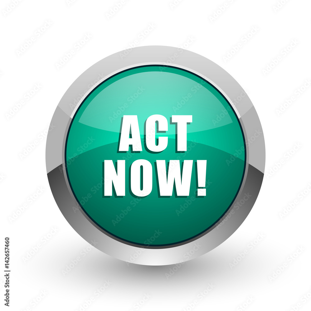 Act now silver metallic chrome web design green round internet icon with shadow on white background. Act now silver metallic chrome web design green round internet icon with shadow on white background.