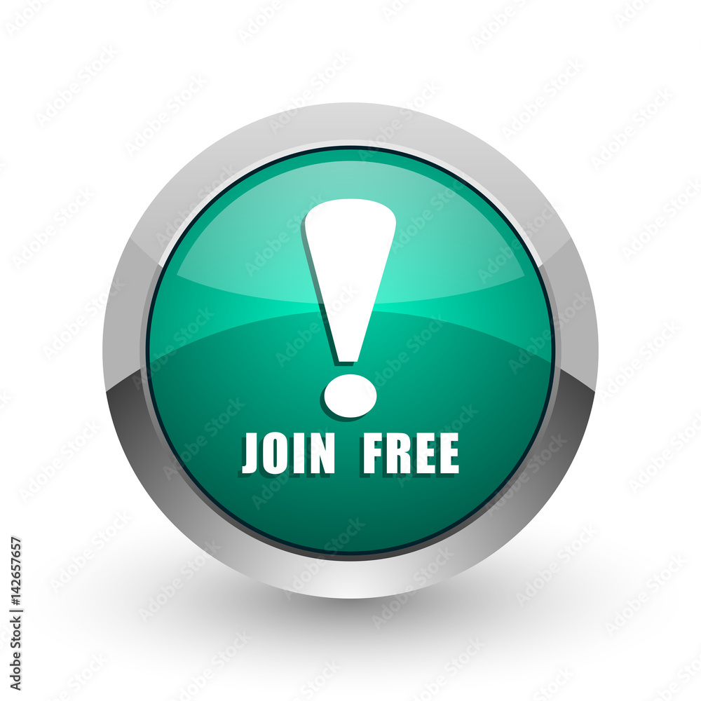 Join free silver metallic chrome web design green round internet icon with shadow on white background. Join free silver metallic chrome web design green round internet icon with shadow on white background.