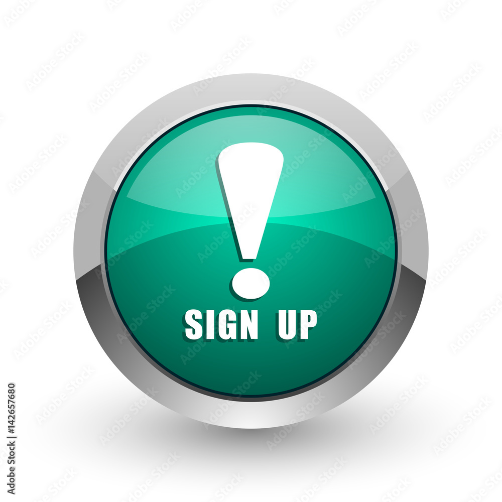 Sign up silver metallic chrome web design green round internet icon with shadow on white background. Sign up silver metallic chrome web design green round internet icon with shadow on white background.