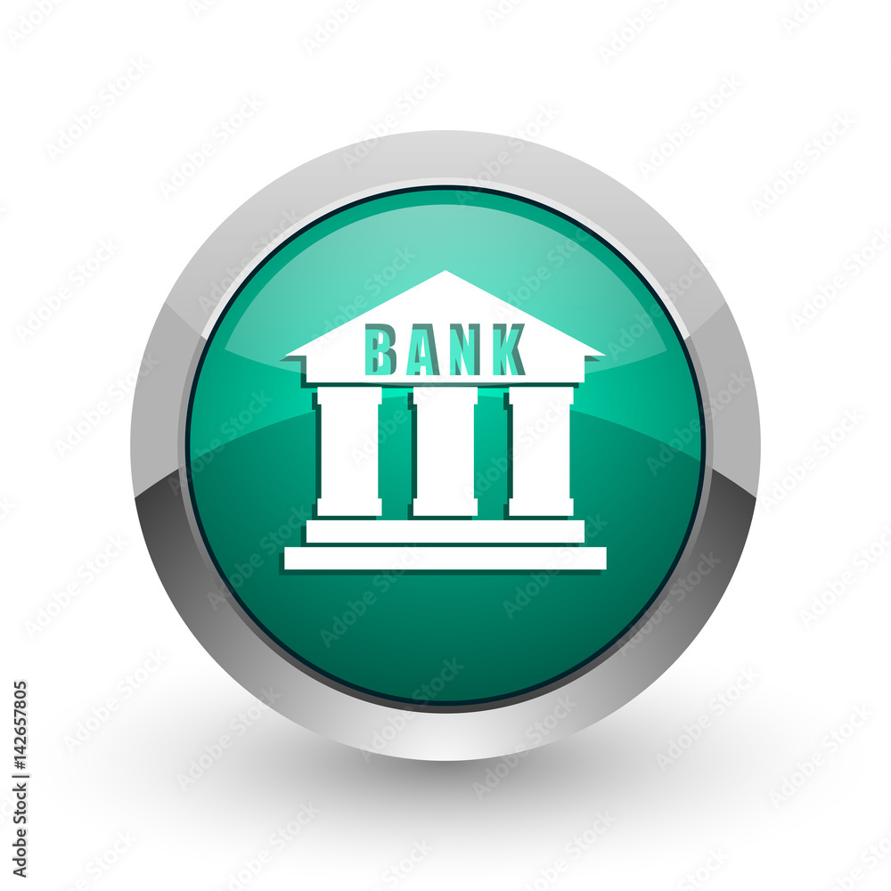 Bank silver metallic chrome web design green round internet icon with shadow on white background. Bank silver metallic chrome web design green round internet icon with shadow on white background.