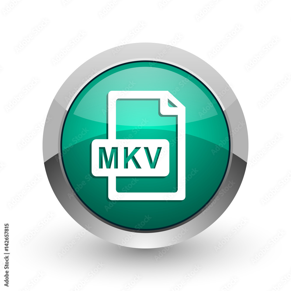Mkv file silver metallic chrome web design green round internet icon with shadow on white background. Mkv file silver metallic chrome web design green round internet icon with shadow on white background.