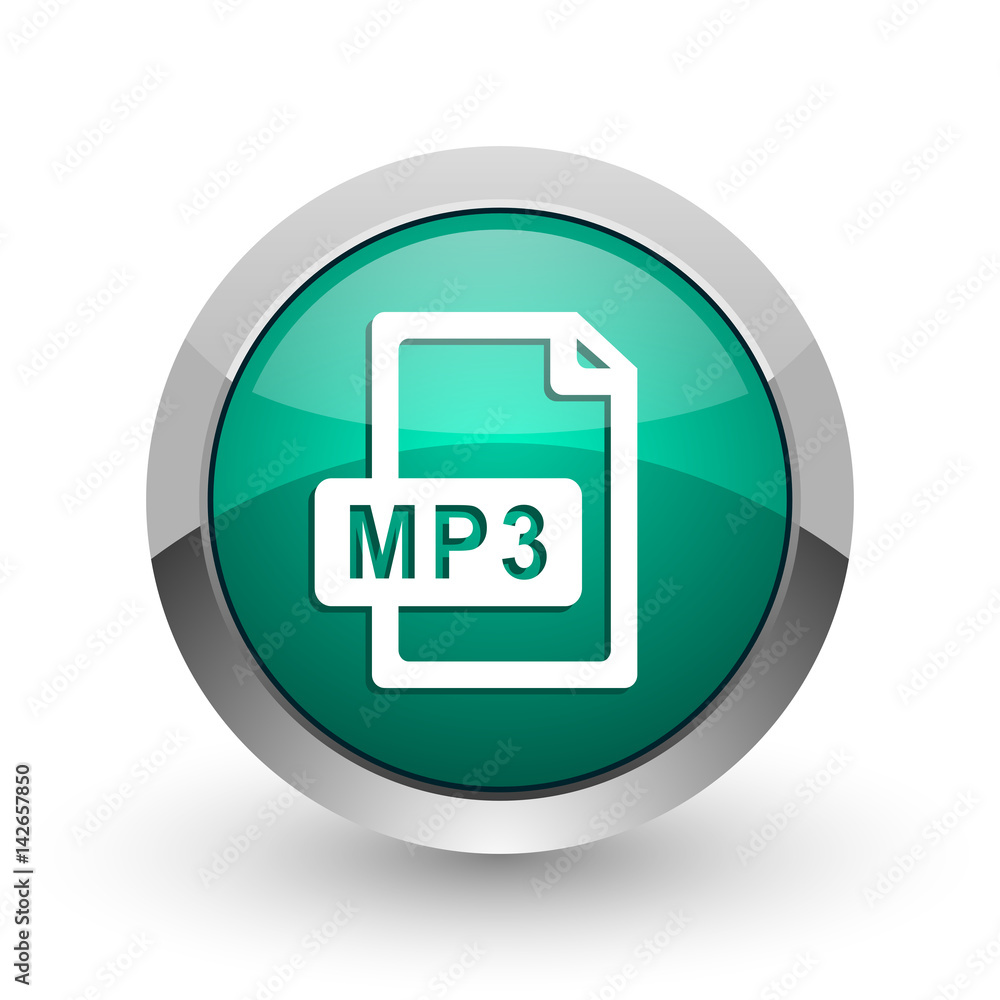 Mp3 file silver metallic chrome web design green round internet icon with shadow on white background. Mp3 file silver metallic chrome web design green round internet icon with shadow on white background.