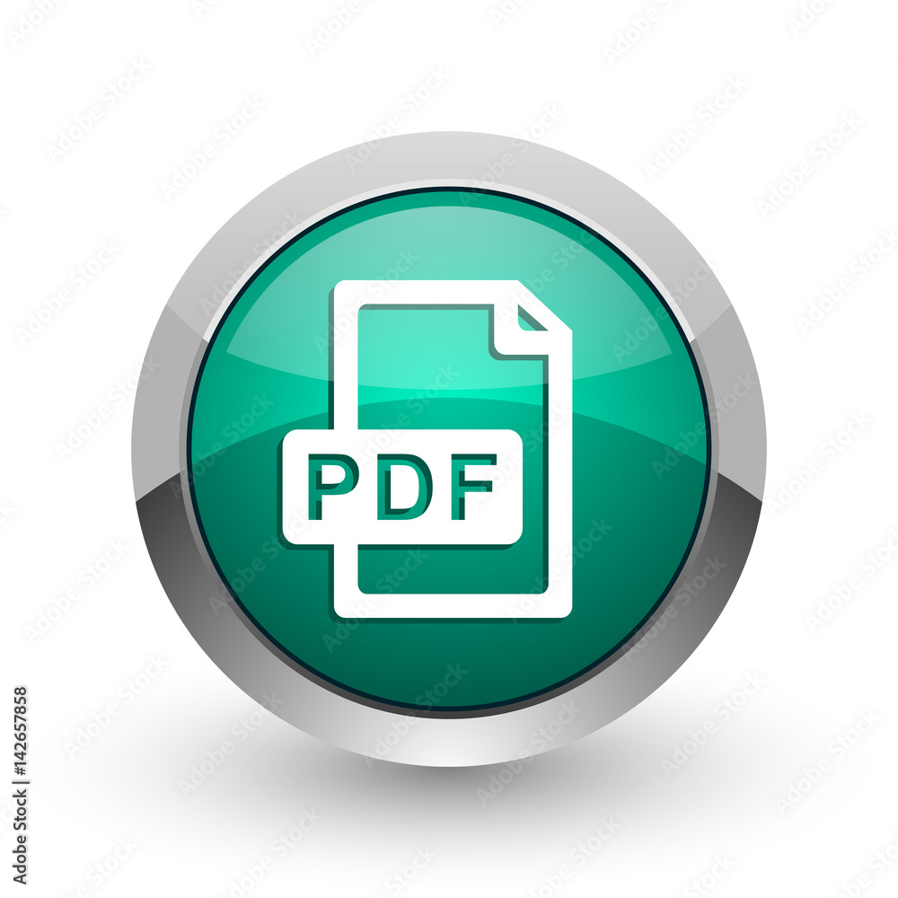 Pdf file silver metallic chrome web design green round internet icon with shadow on white background.