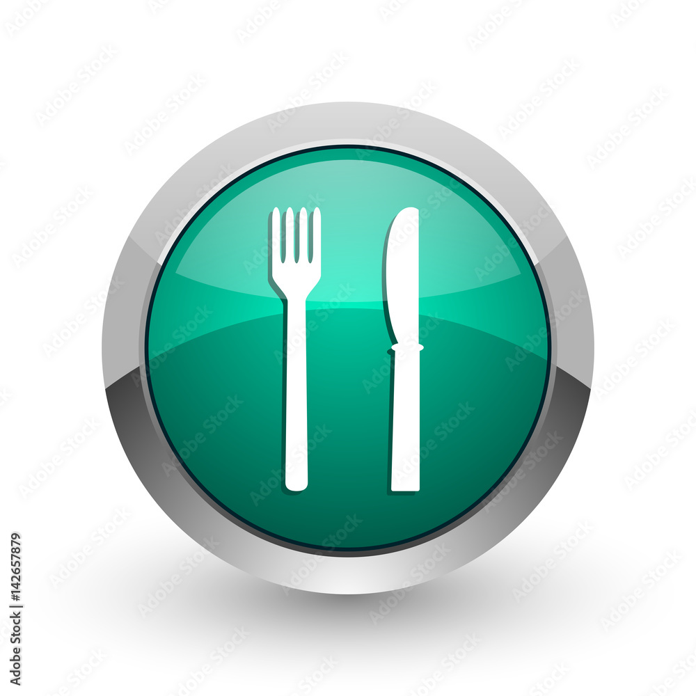 Eat silver metallic chrome web design green round internet icon with shadow on white background. Eat silver metallic chrome web design green round internet icon with shadow on white background.