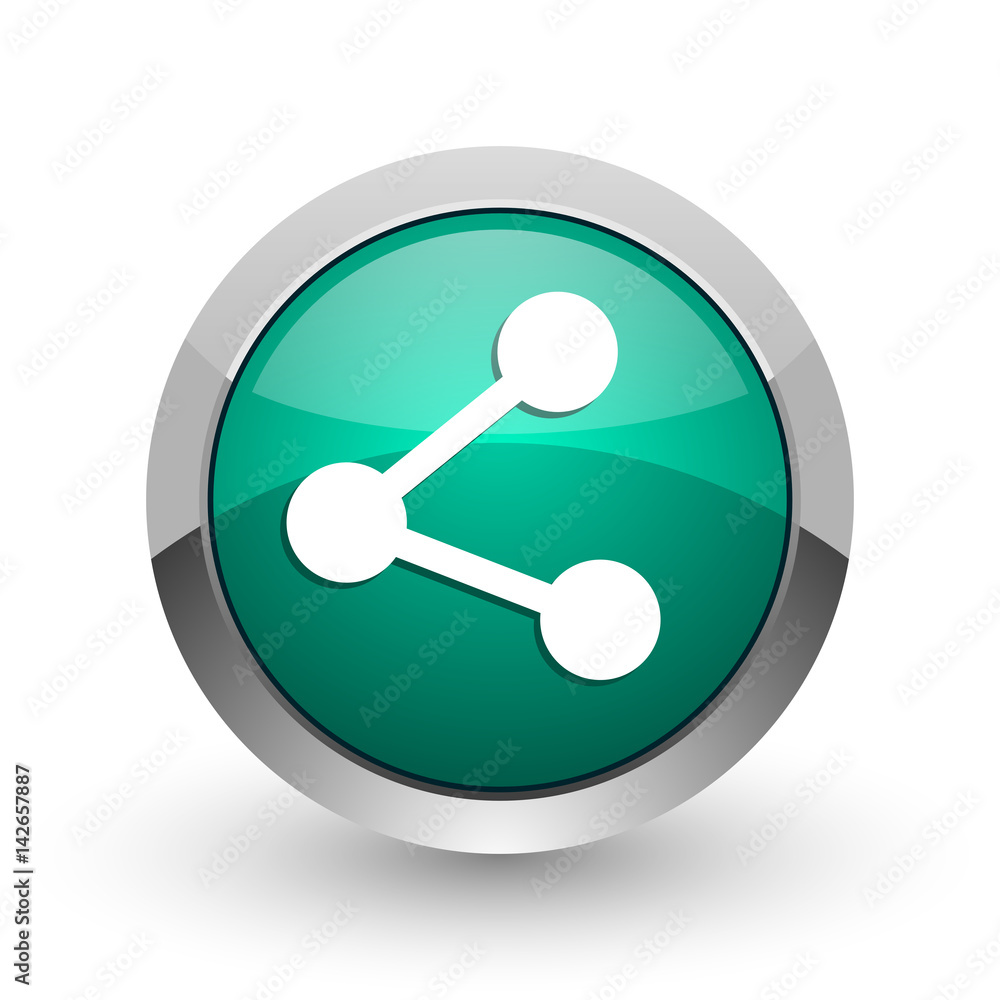 Share silver metallic chrome web design green round internet icon with shadow on white background. Share silver metallic chrome web design green round internet icon with shadow on white background.