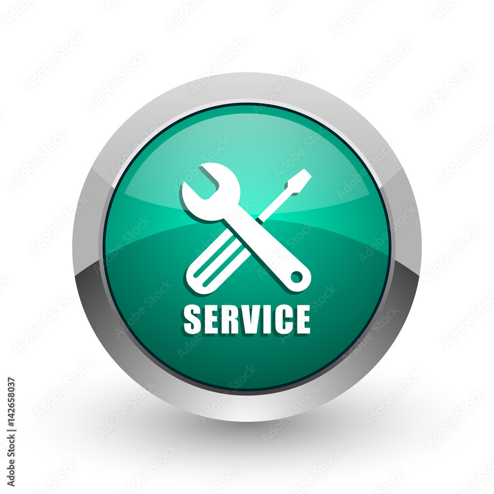 Service silver metallic chrome web design green round internet icon with shadow on white background. Service silver metallic chrome web design green round internet icon with shadow on white background.