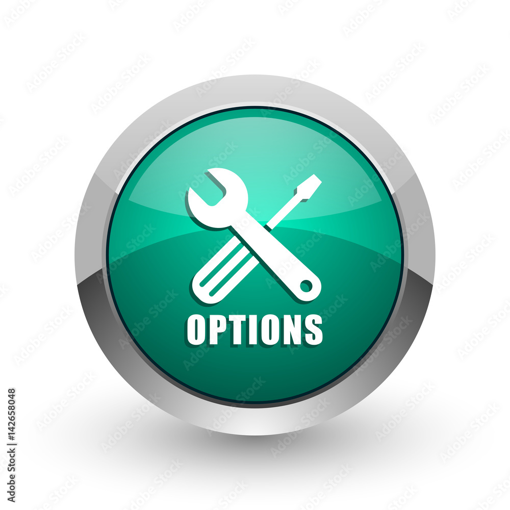 Options silver metallic chrome web design green round internet icon with shadow on white background. Options silver metallic chrome web design green round internet icon with shadow on white background.