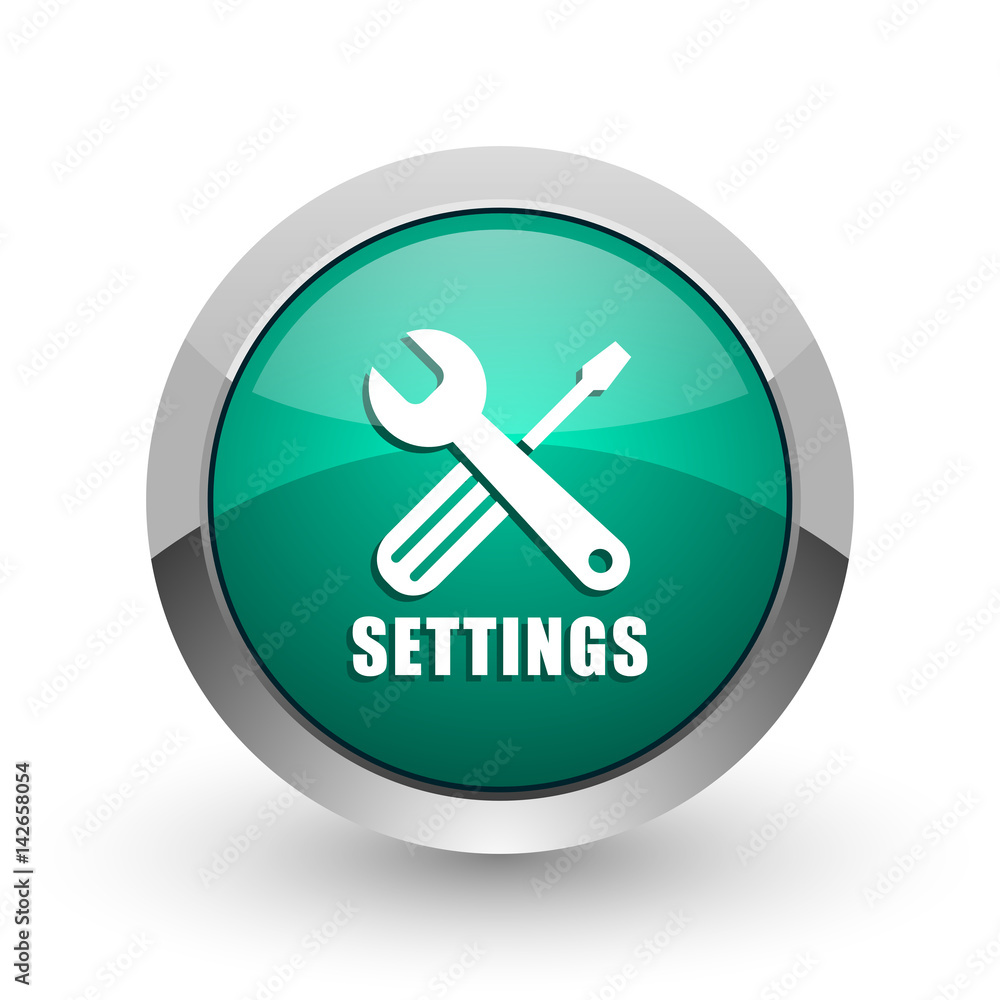 Settings silver metallic chrome web design green round internet icon with shadow on white background. Settings silver metallic chrome web design green round internet icon with shadow on white background.