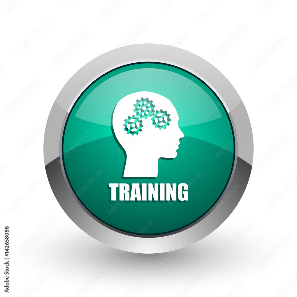 Training silver metallic chrome web design green round internet icon with shadow on white background. Training silver metallic chrome web design green round internet icon with shadow on white background.
