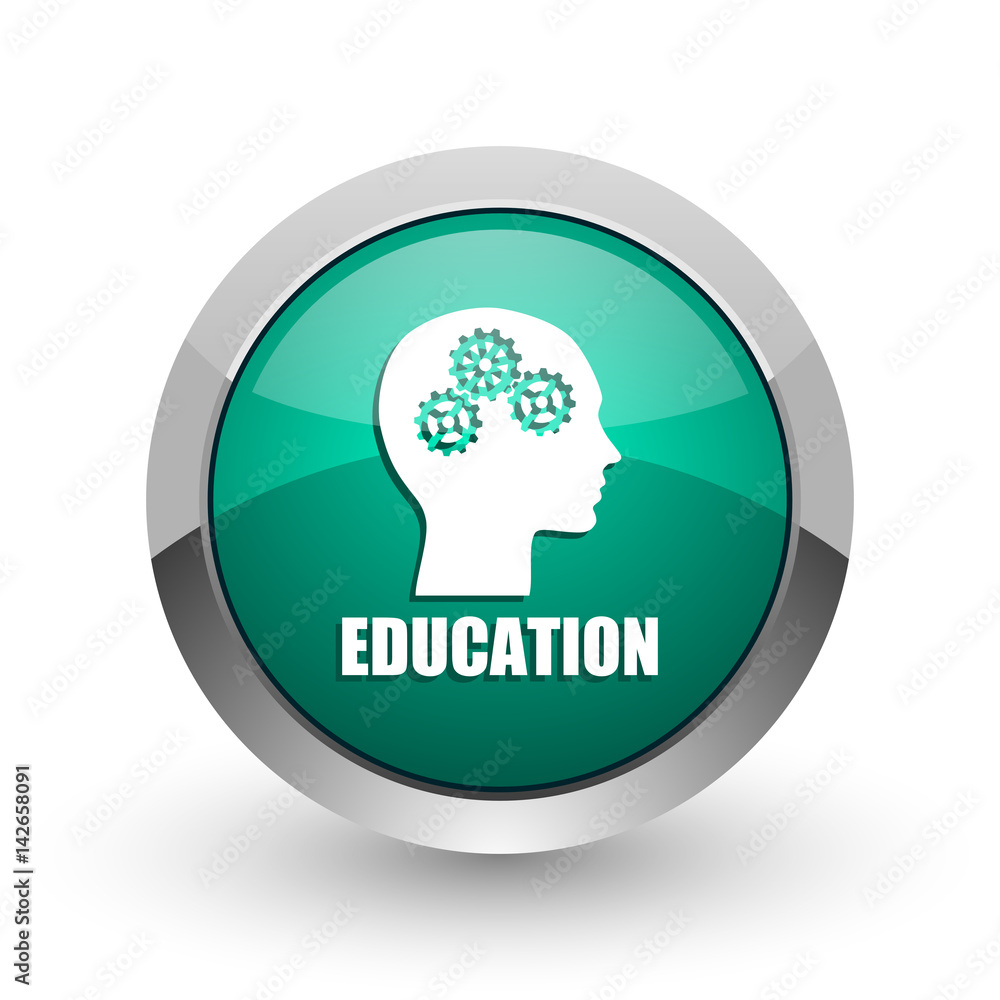 Education silver metallic chrome web design green round internet icon with shadow on white background. Education silver metallic chrome web design green round internet icon with shadow on white background.