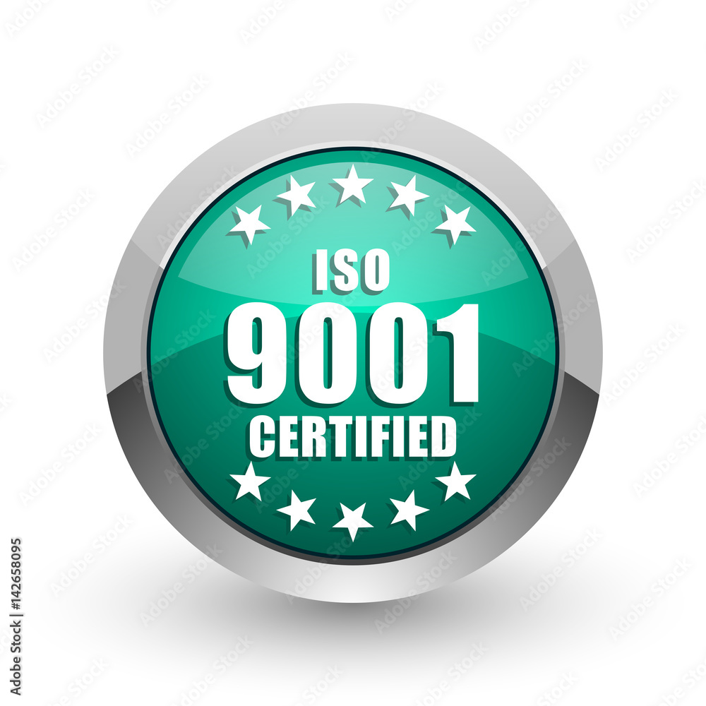 Iso 9001 silver metallic chrome web design green round internet icon with shadow on white background. Iso 9001 silver metallic chrome web design green round internet icon with shadow on white background.