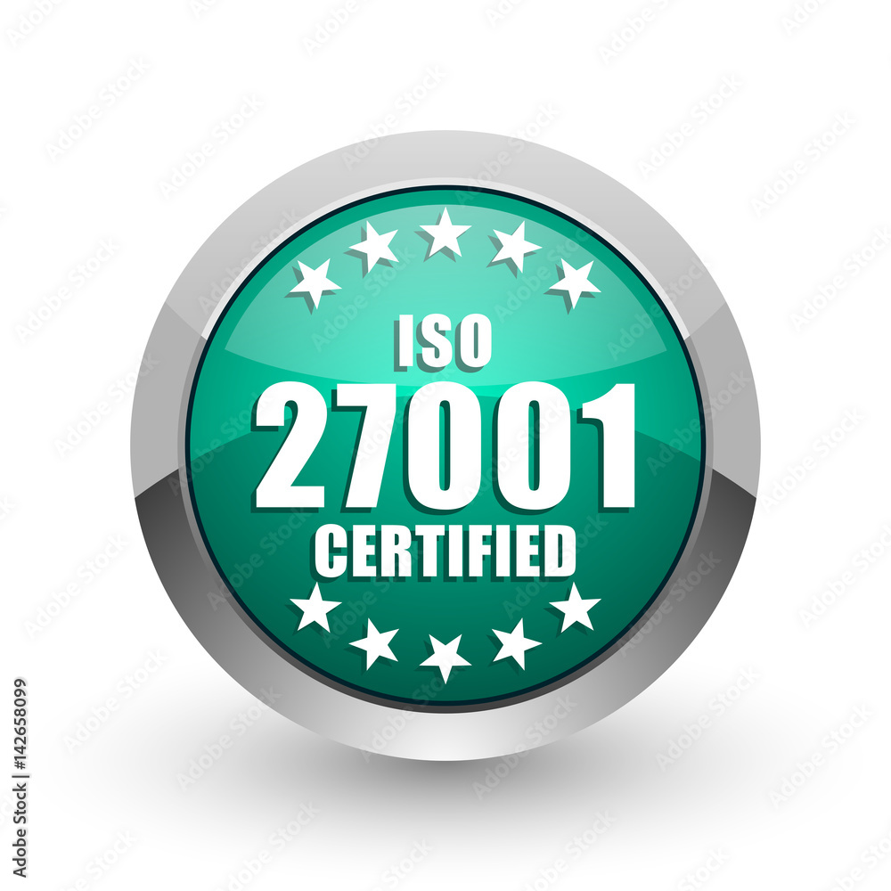Iso 27001 silver metallic chrome web design green round internet icon with shadow on white background. Iso 27001 silver metallic chrome web design green round internet icon with shadow on white background.