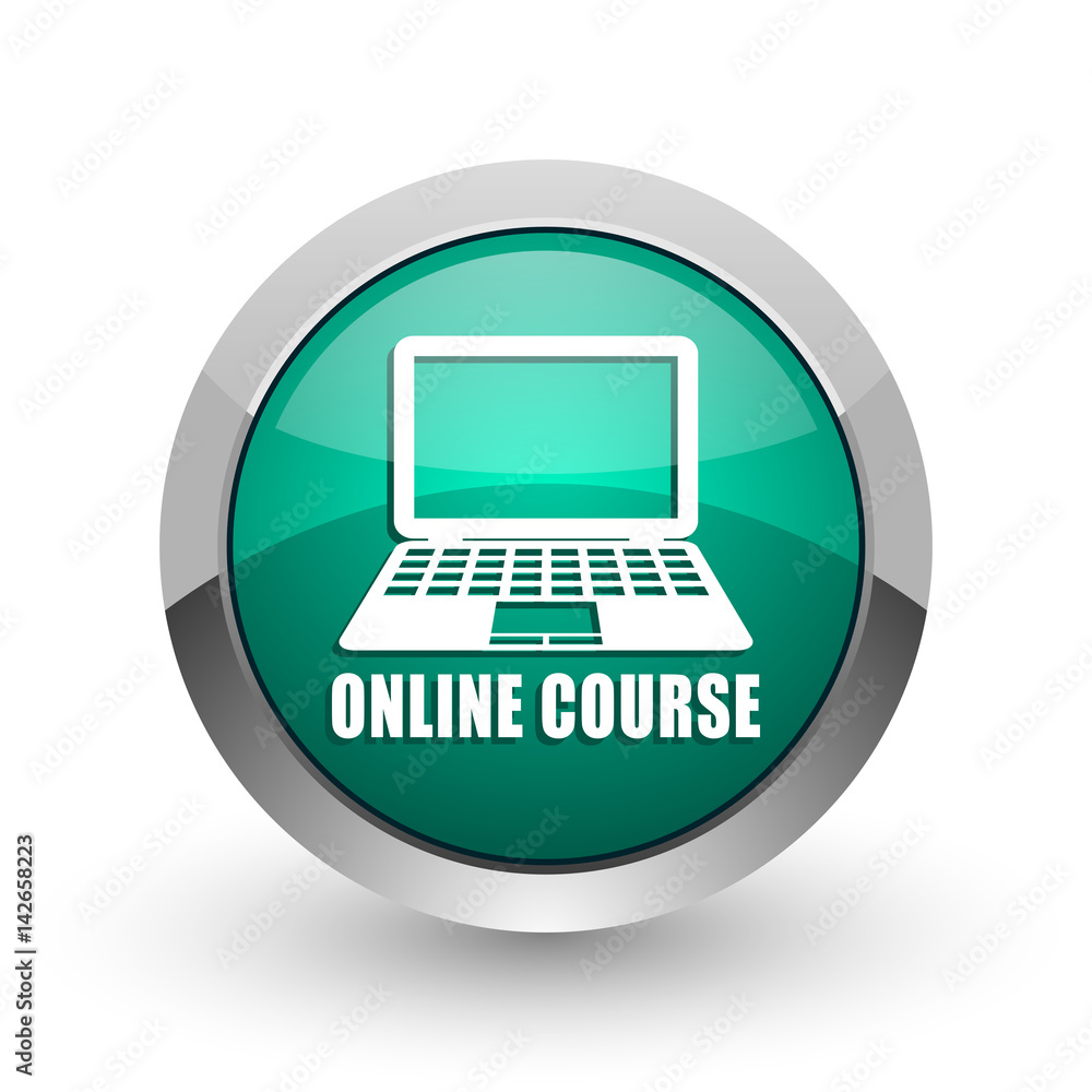 Online course silver metallic chrome web design green round internet icon with shadow on white background. Online course silver metallic chrome web design green round internet icon with shadow on white background.