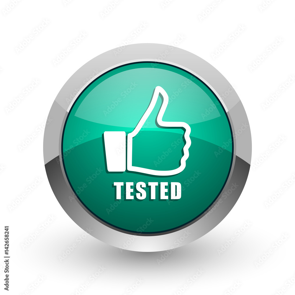 Tested silver metallic chrome web design green round internet icon with shadow on white background. Tested silver metallic chrome web design green round internet icon with shadow on white background.