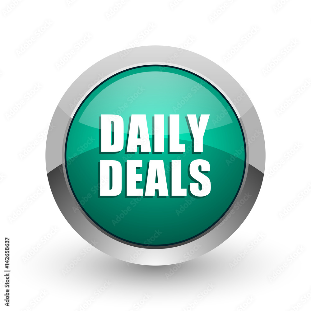 Daily deals silver metallic chrome web design green round internet icon with shadow on white background.
Daily deals silver metallic chrome web design green round internet icon with shadow on white background.