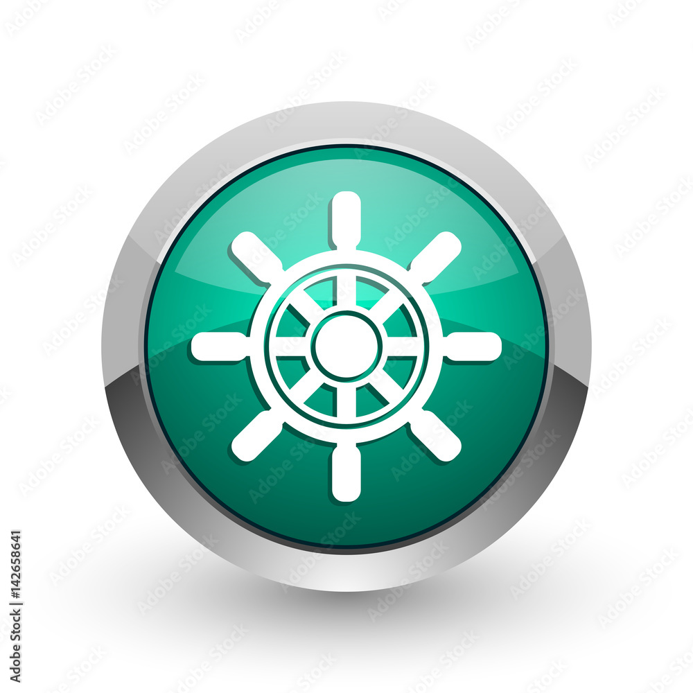 Ship wheel silver metallic chrome web design green round internet icon with shadow on white background.
Ship wheel silver metallic chrome web design green round internet icon with shadow on white background.