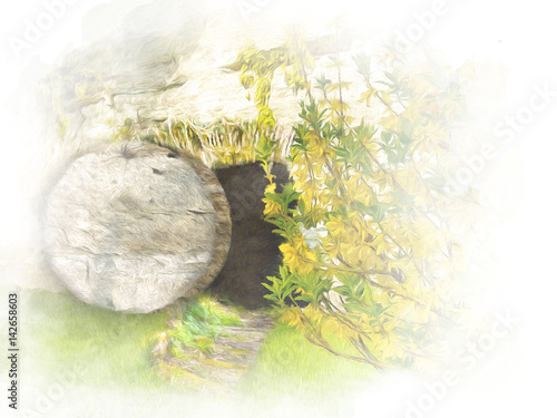 Wallpaper Mural Easter resurrection - empty tomb in a rock in the garden
