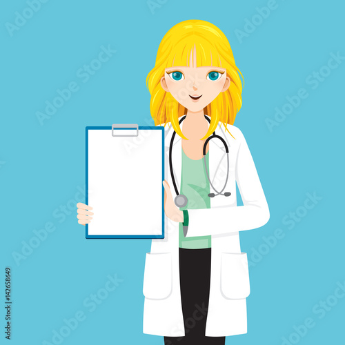 Woman Doctor With Blond Hair Showing Blank Clipboard, Physician, Hospital, Checkup, Patient, Healthy, Treatment, Personnel