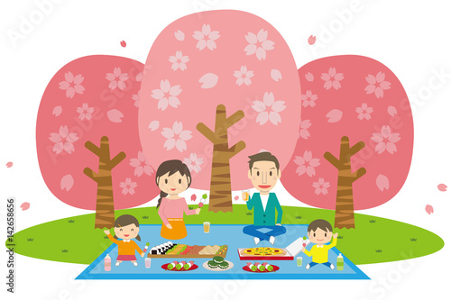 かわいい家族でお花見　幼い娘と息子とピクニック　