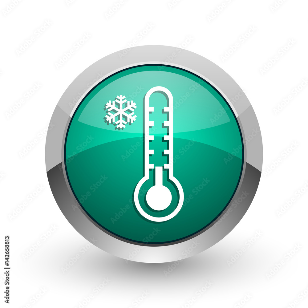 Cold thermometer silver metallic chrome web design green round internet icon with shadow on white background. Cold thermometer silver metallic chrome web design green round internet icon with shadow on white background.