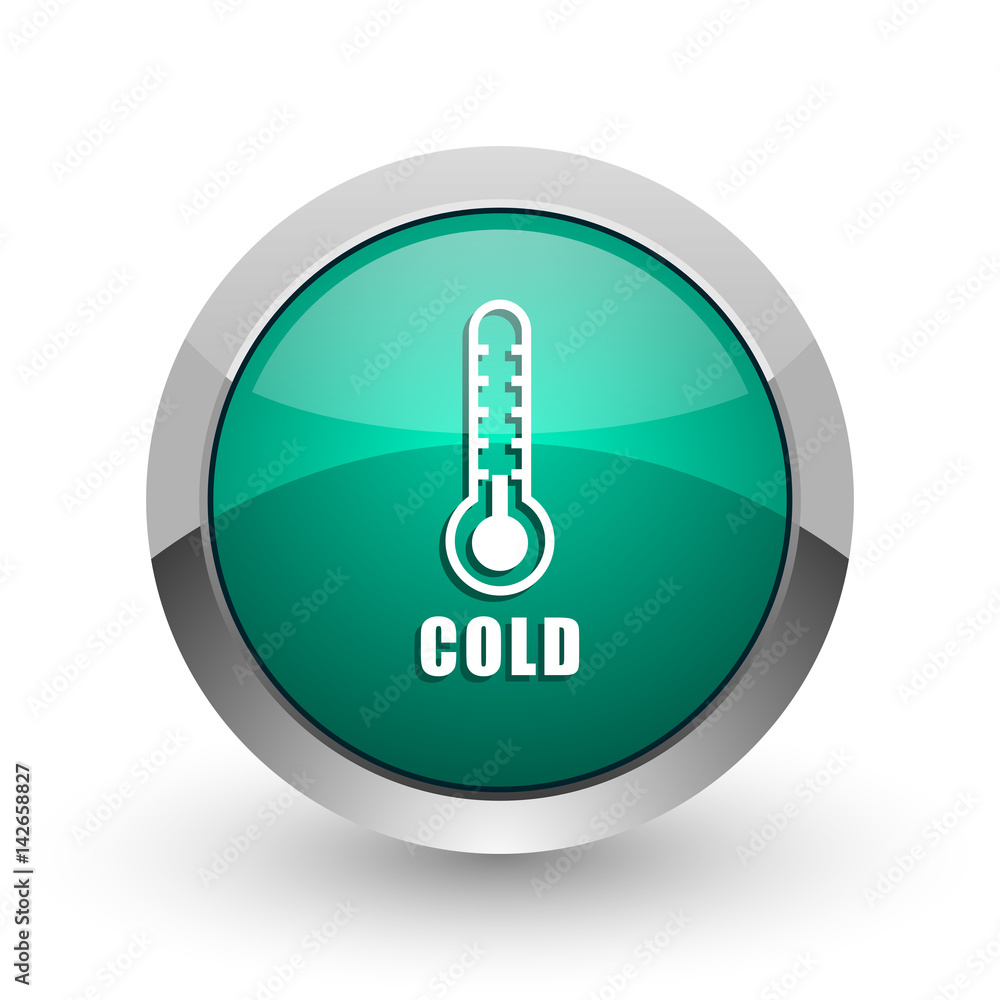 Cold thermometer silver metallic chrome web design green round internet icon with shadow on white background. Cold thermometer silver metallic chrome web design green round internet icon with shadow on white background.