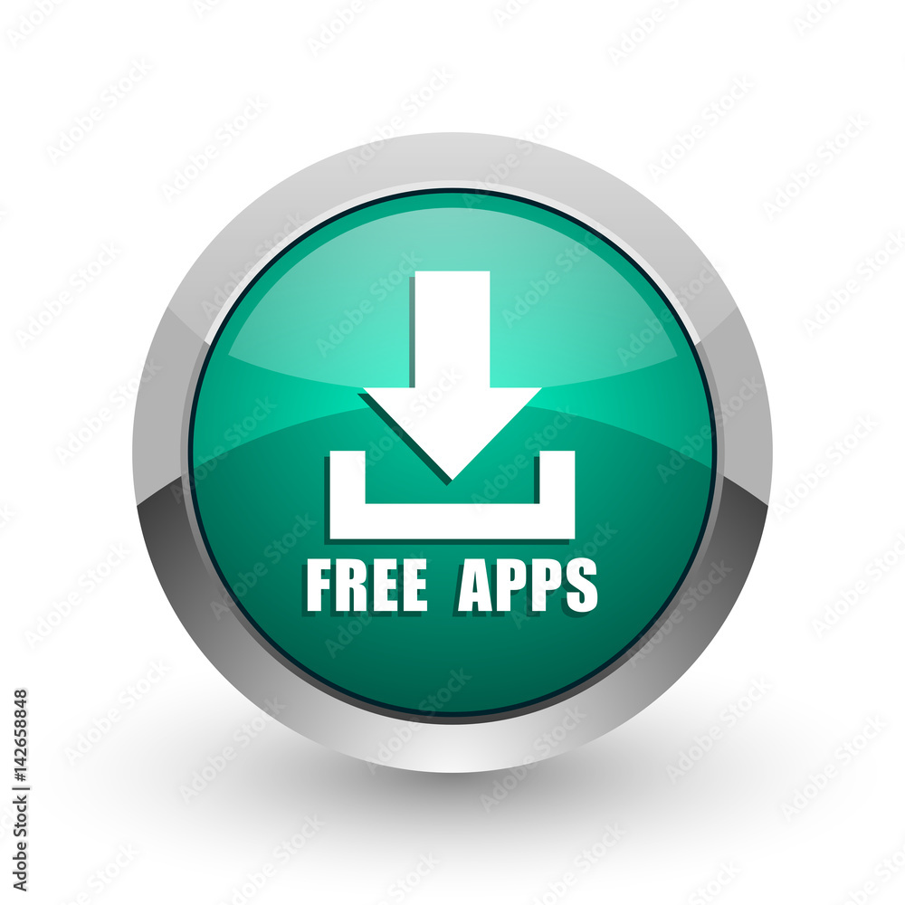 Free apps silver metallic chrome web design green round internet icon with shadow on white background. Free apps silver metallic chrome web design green round internet icon with shadow on white background.