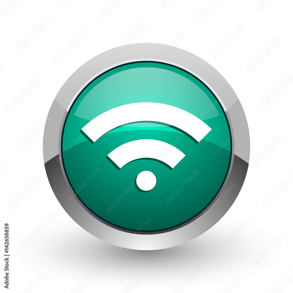 Wireless silver metallic chrome web design green round internet icon with shadow on white background. Wireless silver metallic chrome web design green round internet icon with shadow on white background.