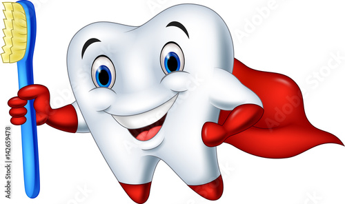 Cartoon superhero tooth with toothbrush