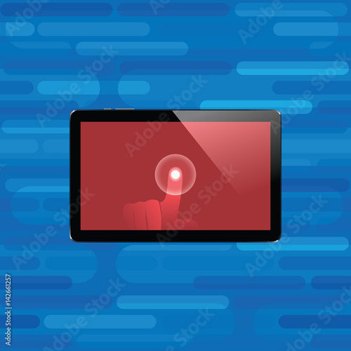 Digital tablet with shiny sensor screen with touch hand. Electronic smart device