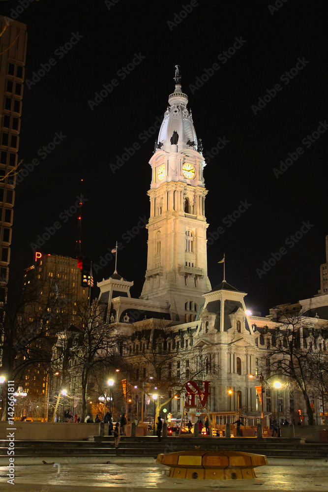 Philadelphia's city hall at night