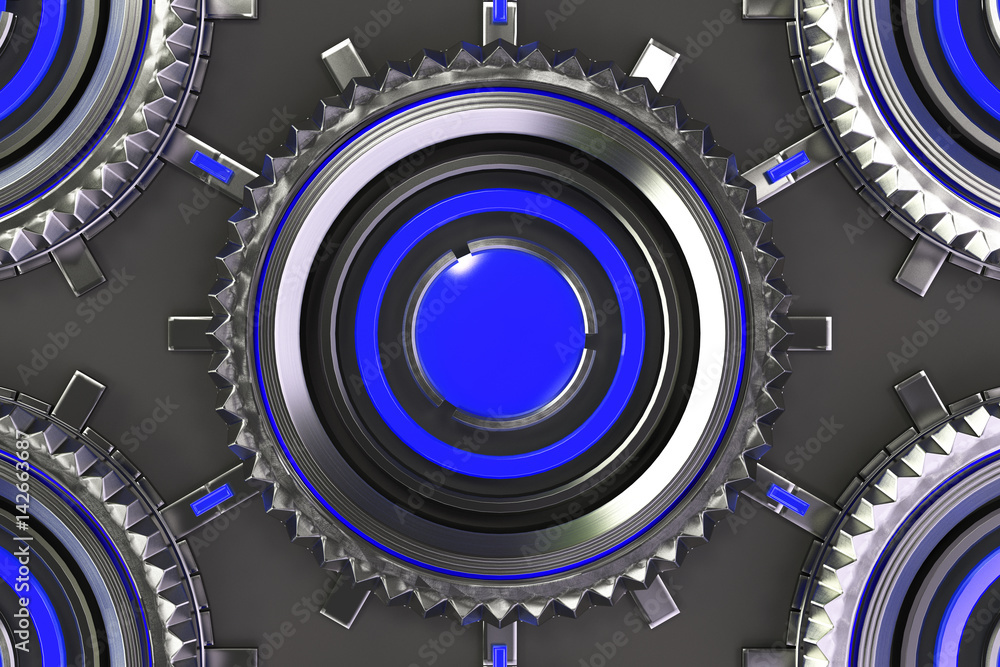 Honeycomb pattern of concentric metal shapes with blue elements Honeycomb pattern of concentric metal shapes with blue elements